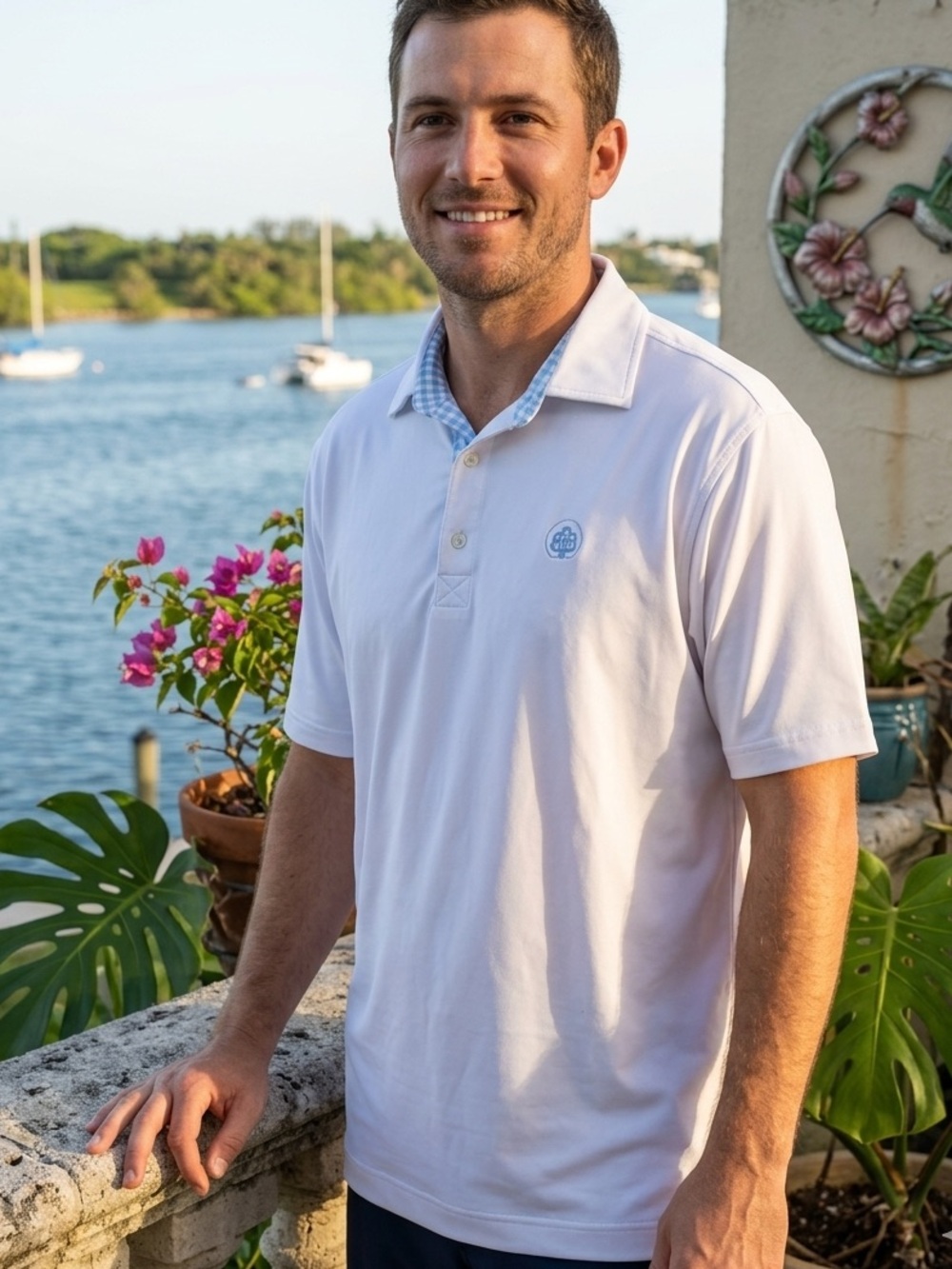FootJoy White Polo with Light Blue Gingham Trim